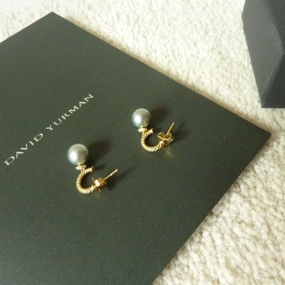 DAVID YURMAN 18K Gold 'Solari' Grey Pearl & Diamond Hoop Drop Earrings (NEW) - Picture 11 of 12
